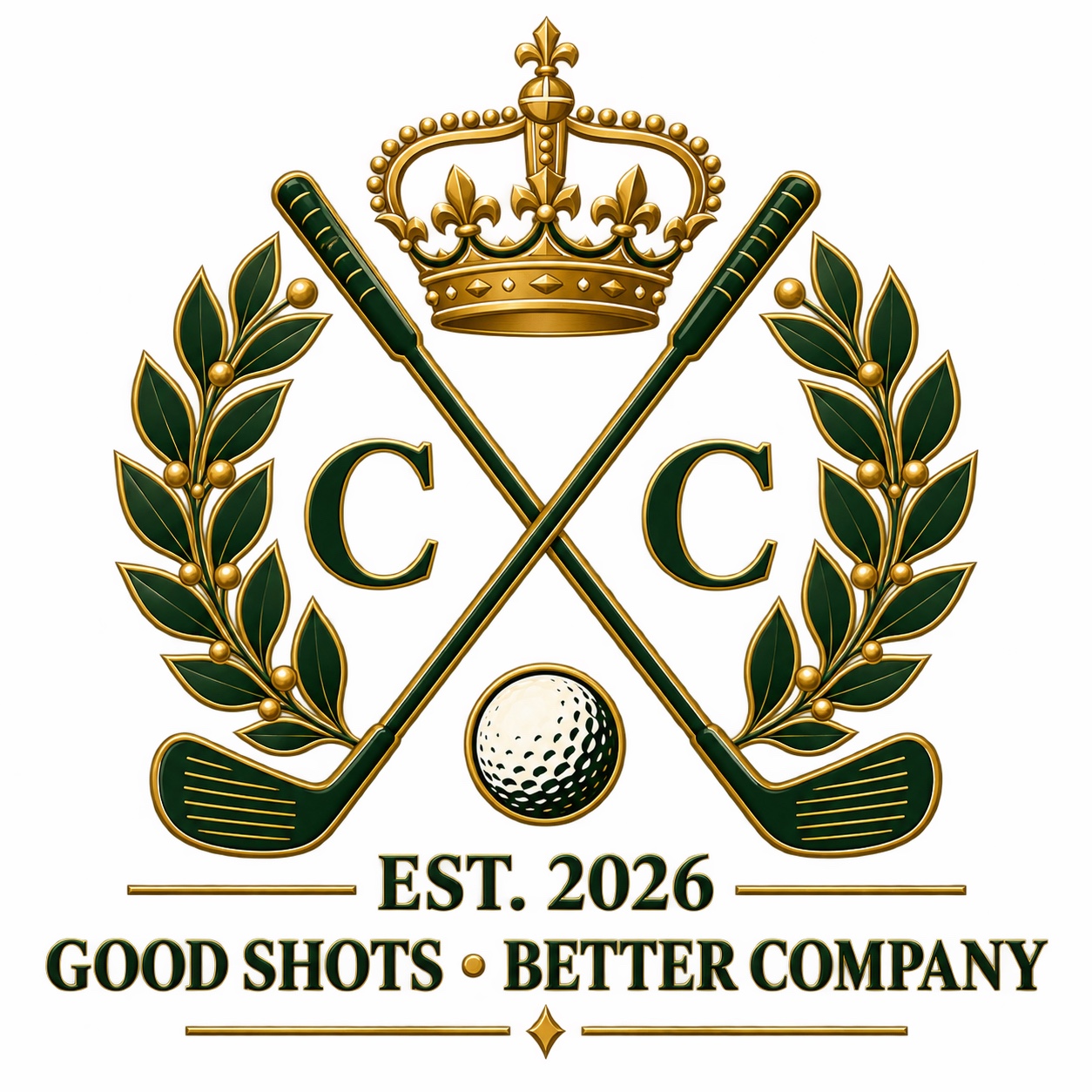 C&C Golf Club-emblem med golfkøller, krone og mottoet Good shots · Better company